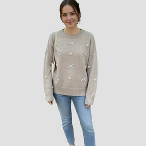 Chic Light Grey Sweater with Heart and Bow Details